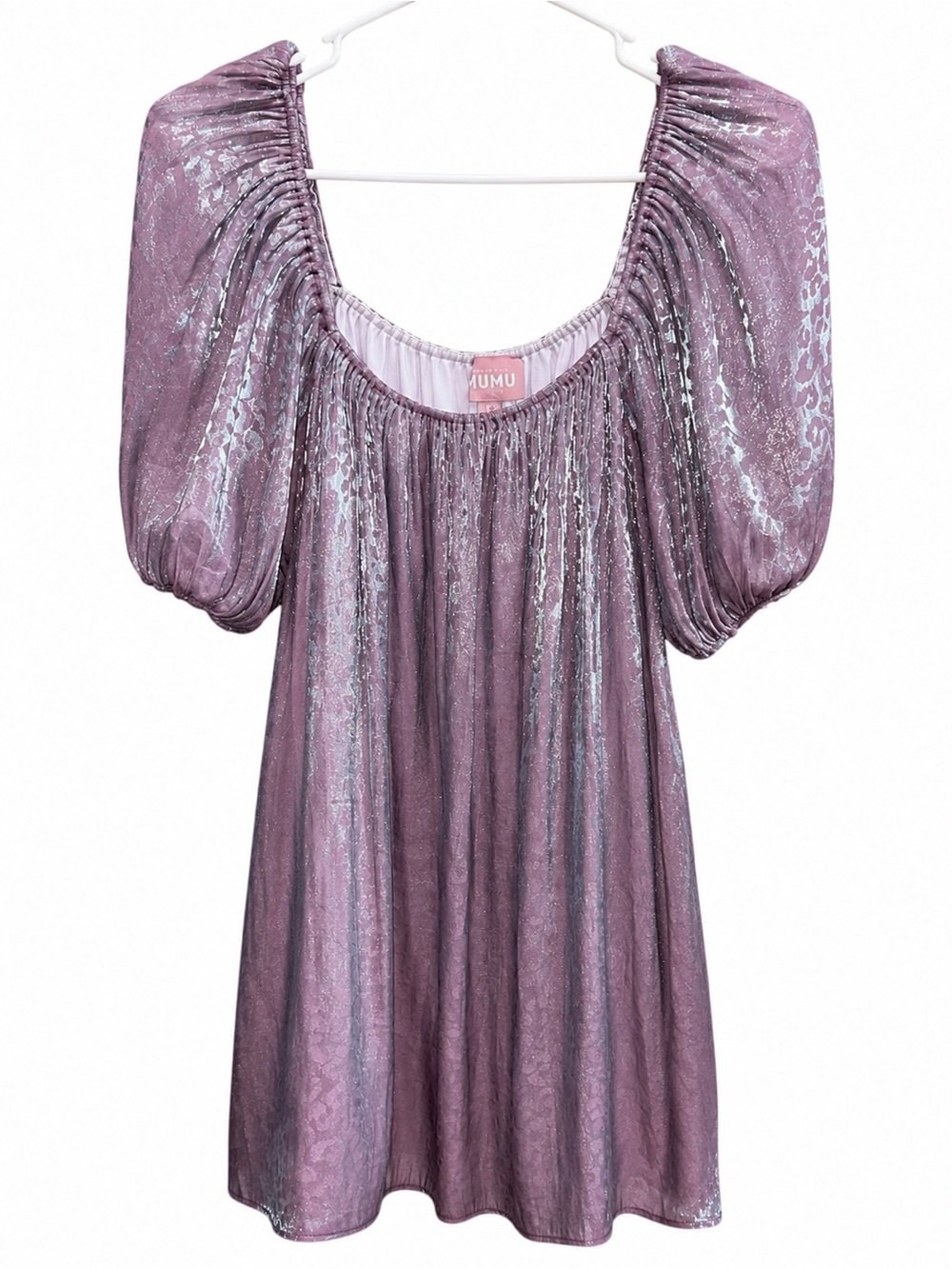 Show Me Your Mumu Metallic Shimmer Mini Dress Mauve Puff Sleeve Size S - Picture 2 of 4